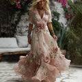 Women's Retro Bohemian Pink Rose Embroidered Art Short Sleeve Midi Dress