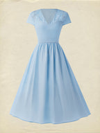 Midi Linen Dress, Short Sleeves, V Neck, Plain, Lace, French Vintage, Blue