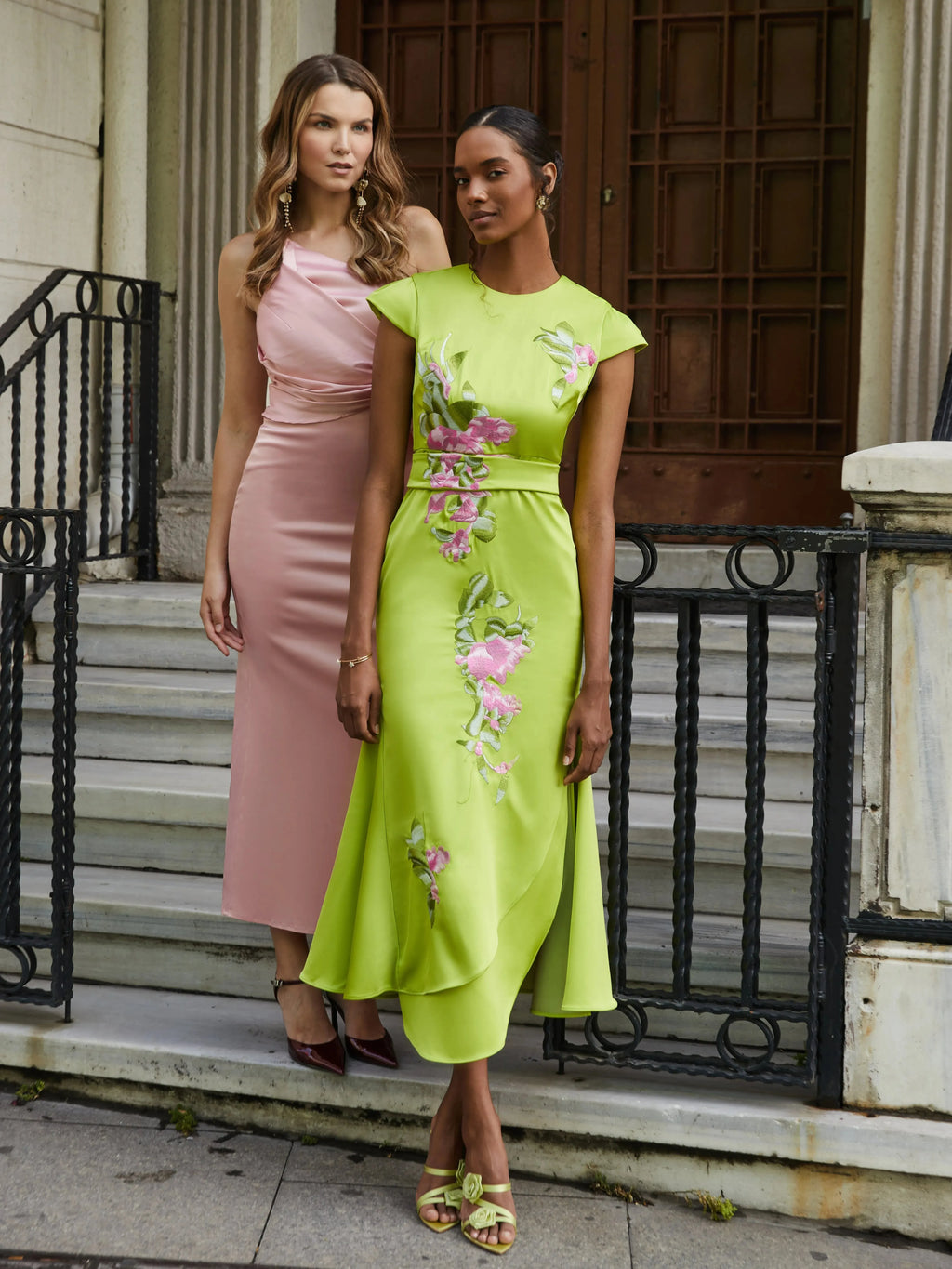 Green Satin Floral Embroidery Cap Sleeve Slit Sheath Maxi Dress