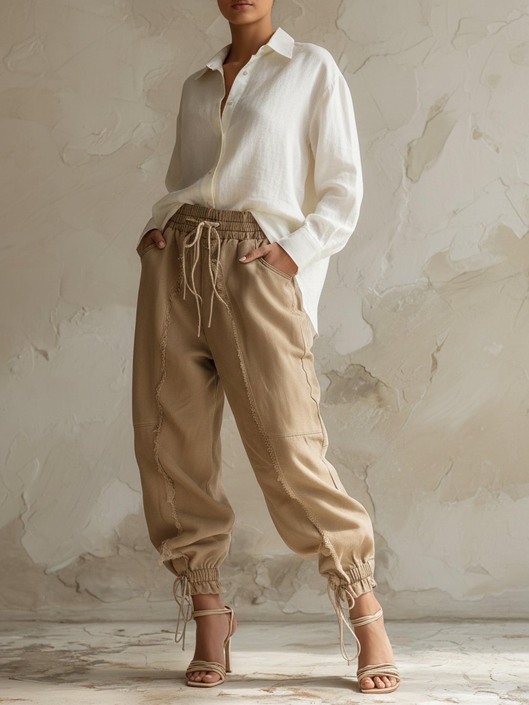 Washed Denim Frayed Jogger Pants