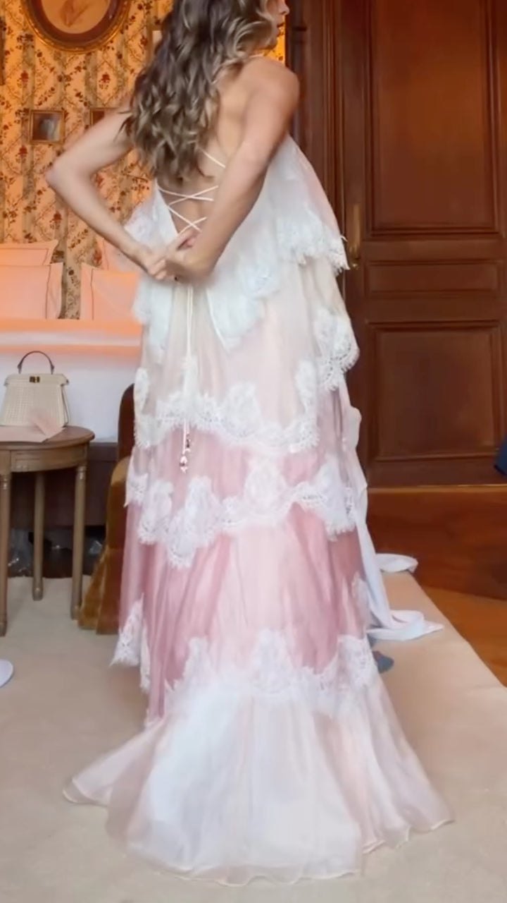 Tiered Lace Tulle Maxi Dress