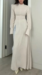 Stand Collar Shoulder Pad Long Sleeve Slit Maxi Tunic Top