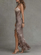 Bohemian Lace Trim Halter Ruched Snakeskin Print Maxi Dress
