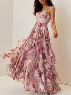 Pink Floral Jacquard Chiffon Sweetheart Neckline Sleeveless A-Line Floor-length Gown Dress