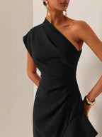 Black Asymmetrical Ruched One-Shoulder Slit A-Line Midi Dress