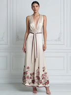 Deep V-Neck Draped Waist Floral Hem A-Line Maxi Dress
