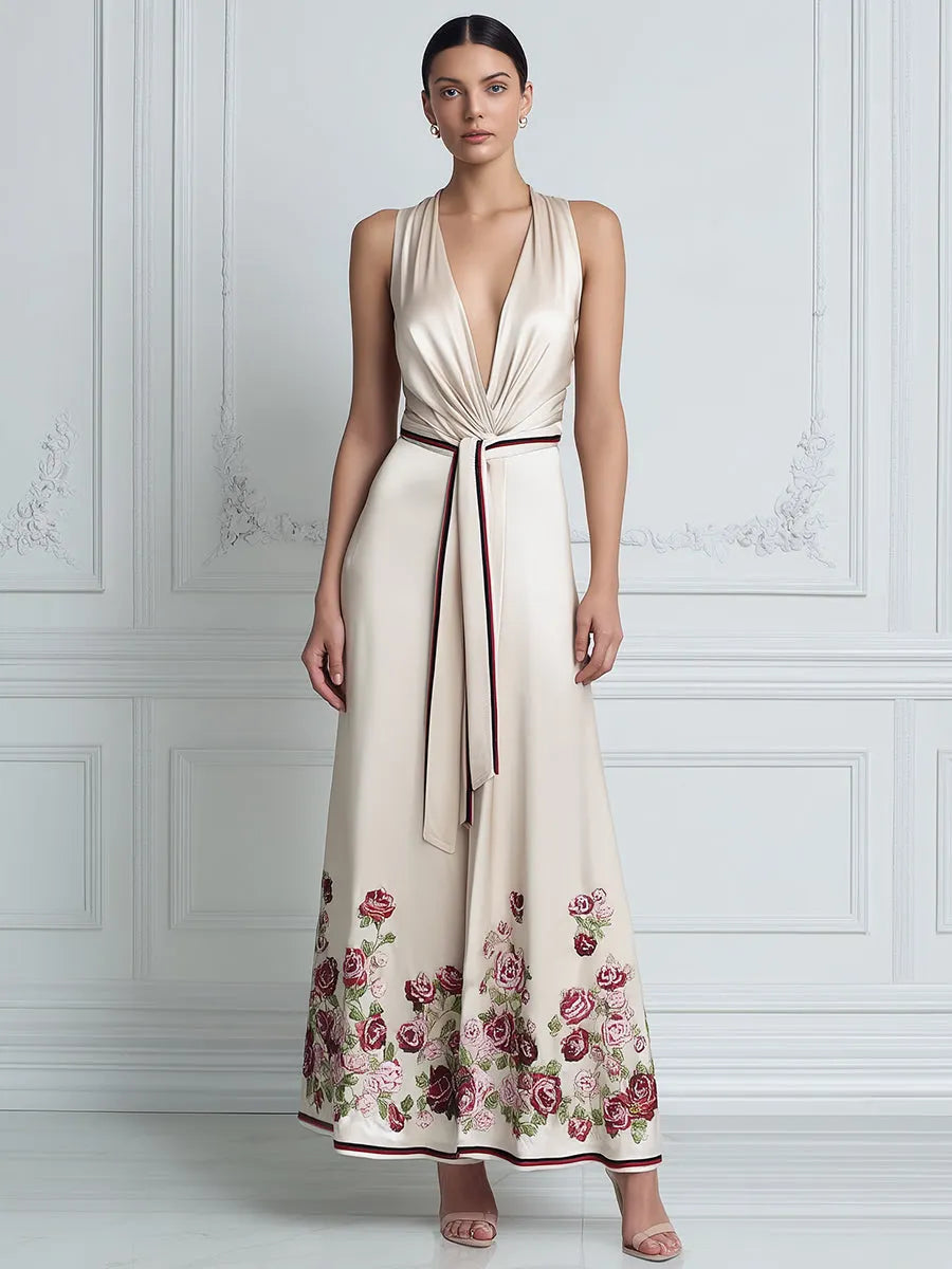 Deep V-Neck Draped Waist Floral Hem A-Line Maxi Dress