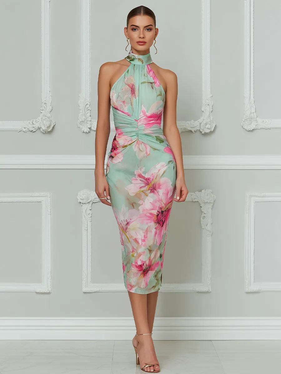 Elegant Floral Halter Bodycon Midi Dress
