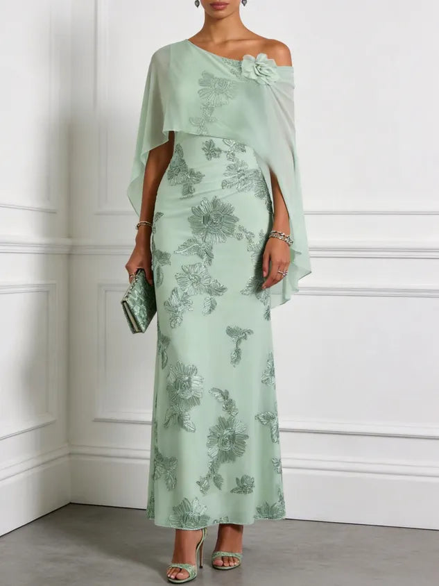 Light Green 3D Floral Classic One Shoulder Cap Sleeve Sheath Maxi Dress