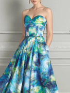 Blue Green Abstract Oil Painting Print Midi Dress