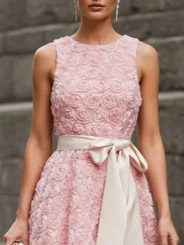 Pink 3D Floral Bow Crew Neck A-Line Midi Dress With Pockets