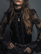 Romantic Elegance Black Lace Sheer Bell-Sleeve Blouse