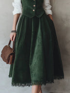 Midi Cotton Skirt (Shirt and Vest Not Included), Plain, Pocket Design, Vintage, Wine Red
