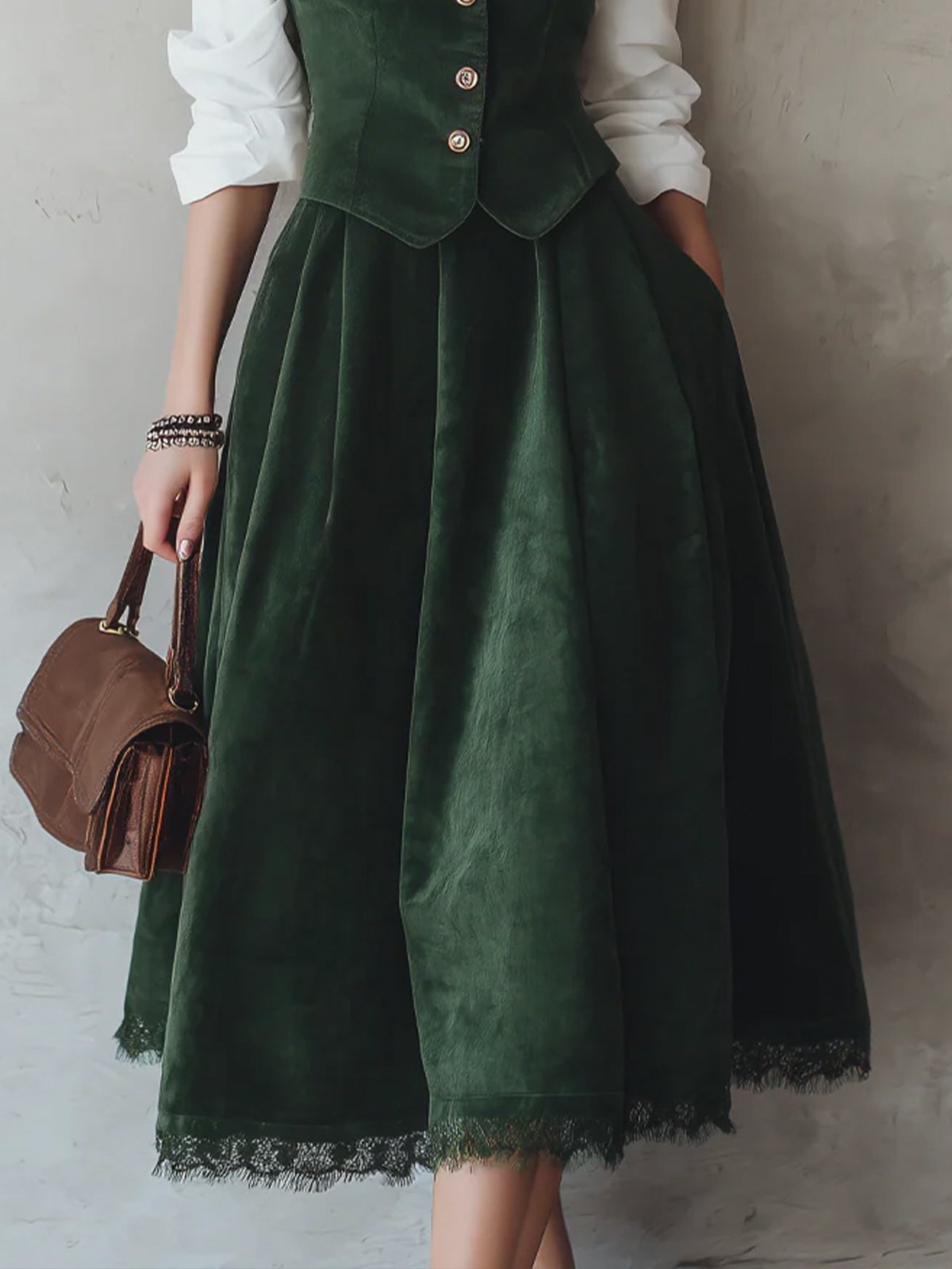 Midi Cotton Skirt (Shirt and Vest Not Included), Plain, Pocket Design, Vintage, Wine Red