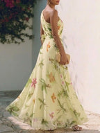 Yellow Floral Bow Chiffon One Shoulder Sleeveless A-Line Maxi Dress