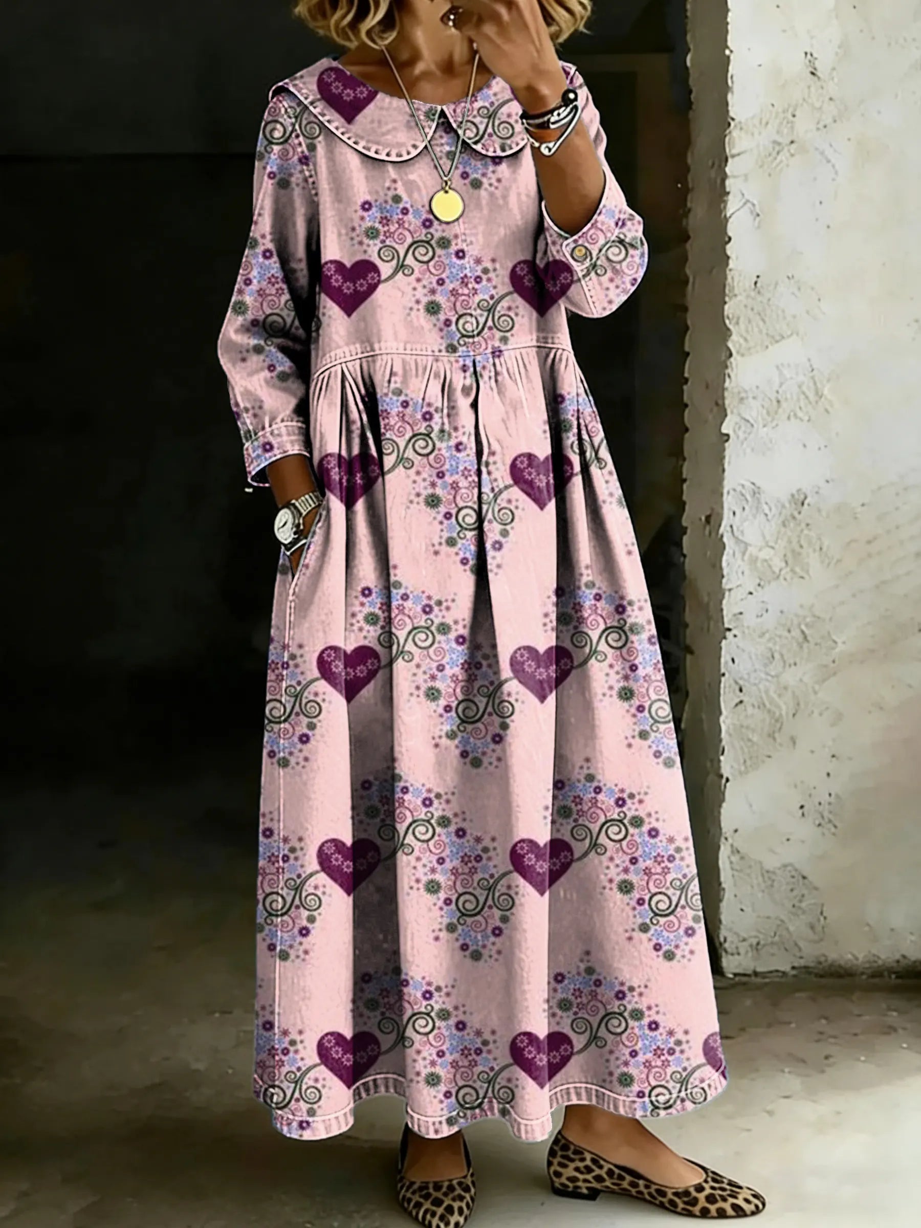 Women's Retro Multicolor Love Art Splicing Long-sleeved Loose-fitting Casual Denim Dress