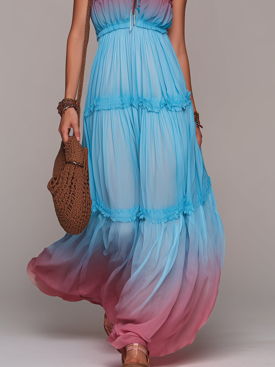 Boho Vacation Strapless Ombré Print Maxi Dress