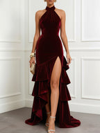 Burgundy Ruched Peplum Velvet Halter Sleeveless A-Line Gown Dress