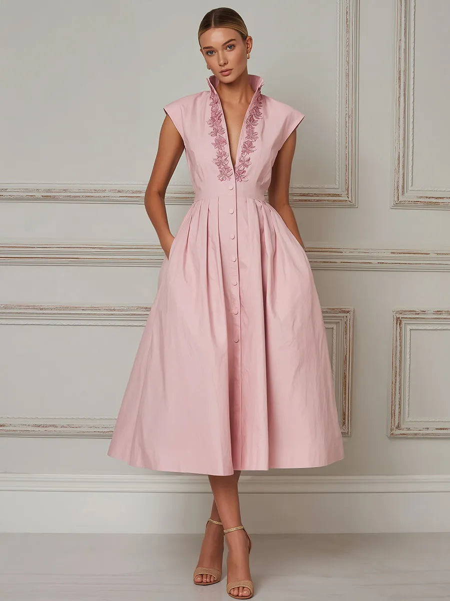 Elegant Embroidered A-Line Shirt Dress