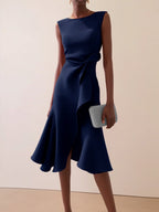 Red Asymmetric Ruffled Classic Boat Neck Sleeveless Midi Elegant A-line Dress with Waist Twist for Day-to-Night