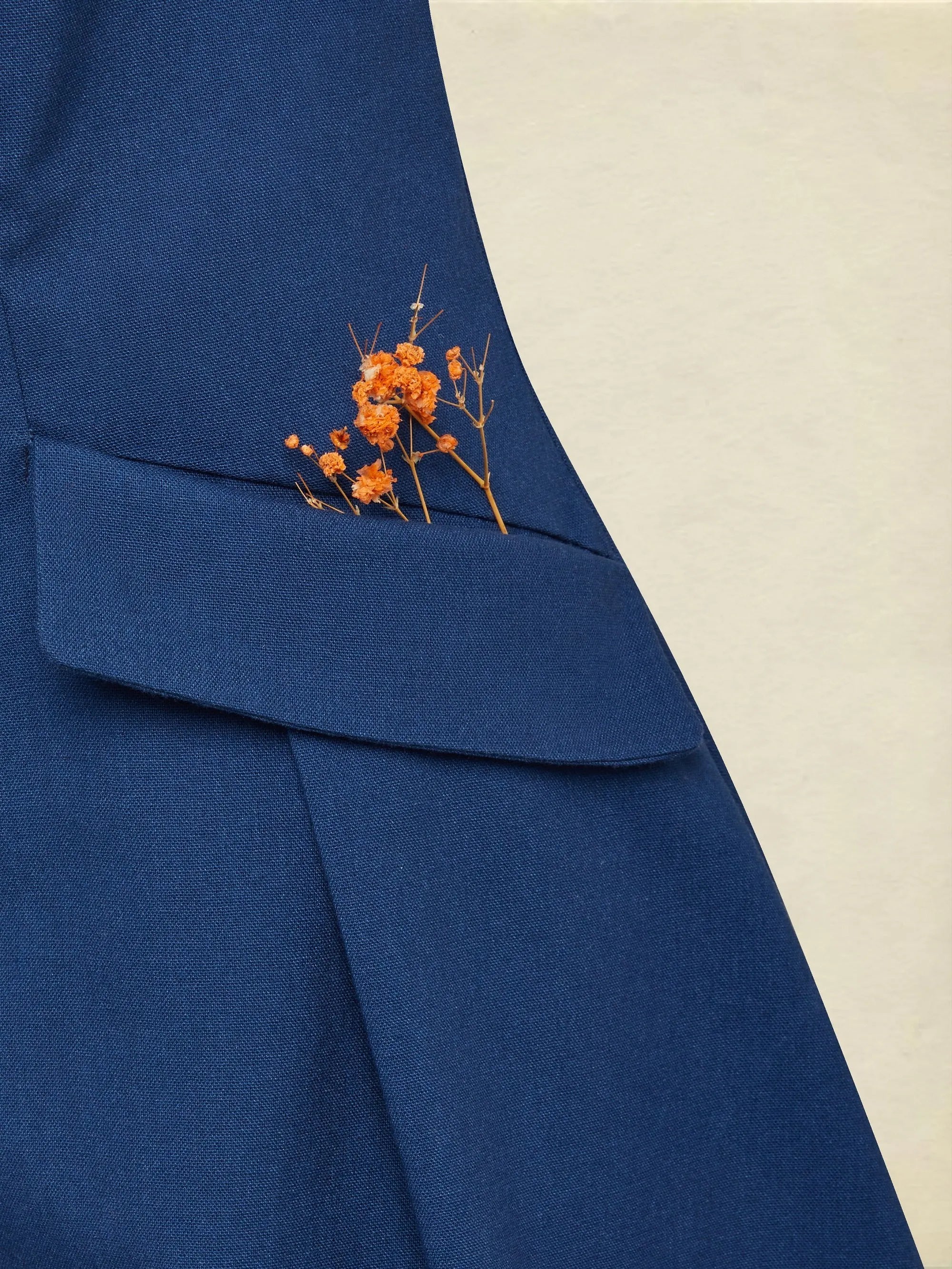 Midi Linen Dress, Half Sleeve, Shawl Collar, Plain, Button Design, Vintage, Dark Blue