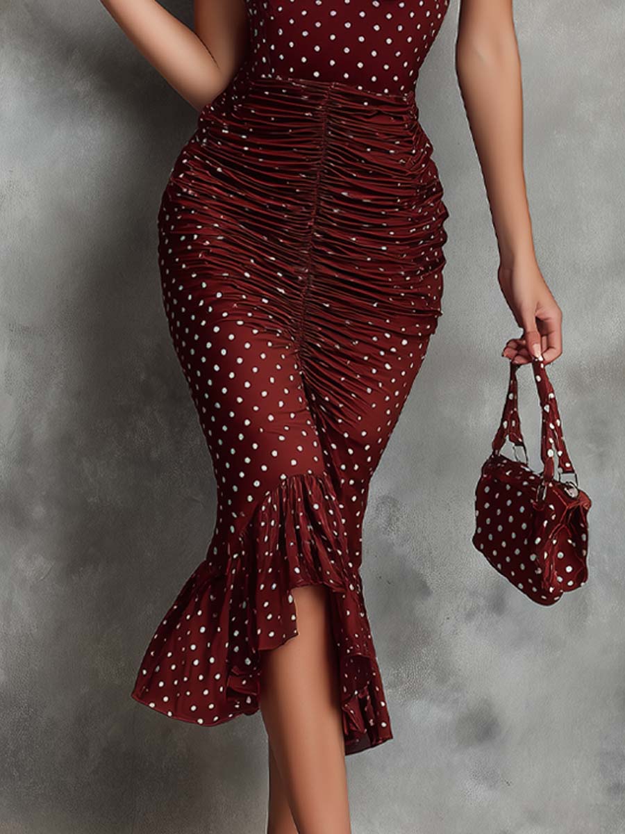 Retro Polka Dot Corset-Style Ruched Midi Dress