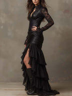 Black Faux Leather Corset Maxi Dress With Lace Sleeves