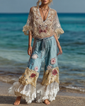 Summer Vacation Floral Embroidery Ruffled Linen Pants and Top 2-Piece Set  828f