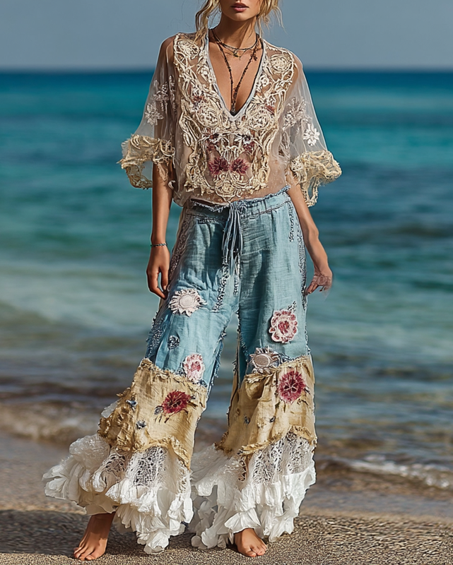 Summer Vacation Floral Embroidery Ruffled Linen Pants and Top 2-Piece Set  828f