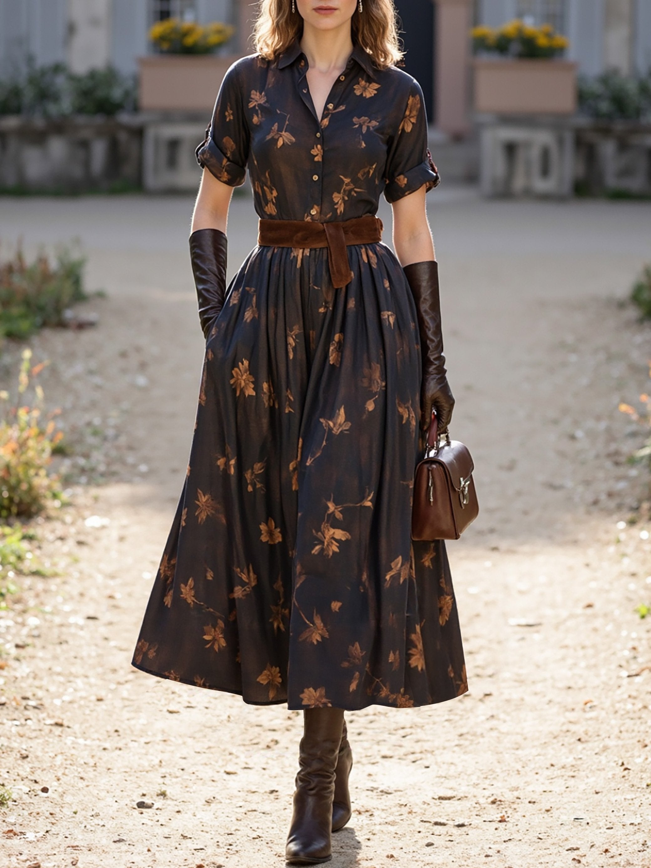 Midi Linen Dress, Short Sleeves, Shawl Collar, Floral, Button Design, Vintage, Deep Brown