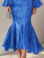 Elegant Blue Satin Jacquard Trumpet Sleeve Dress