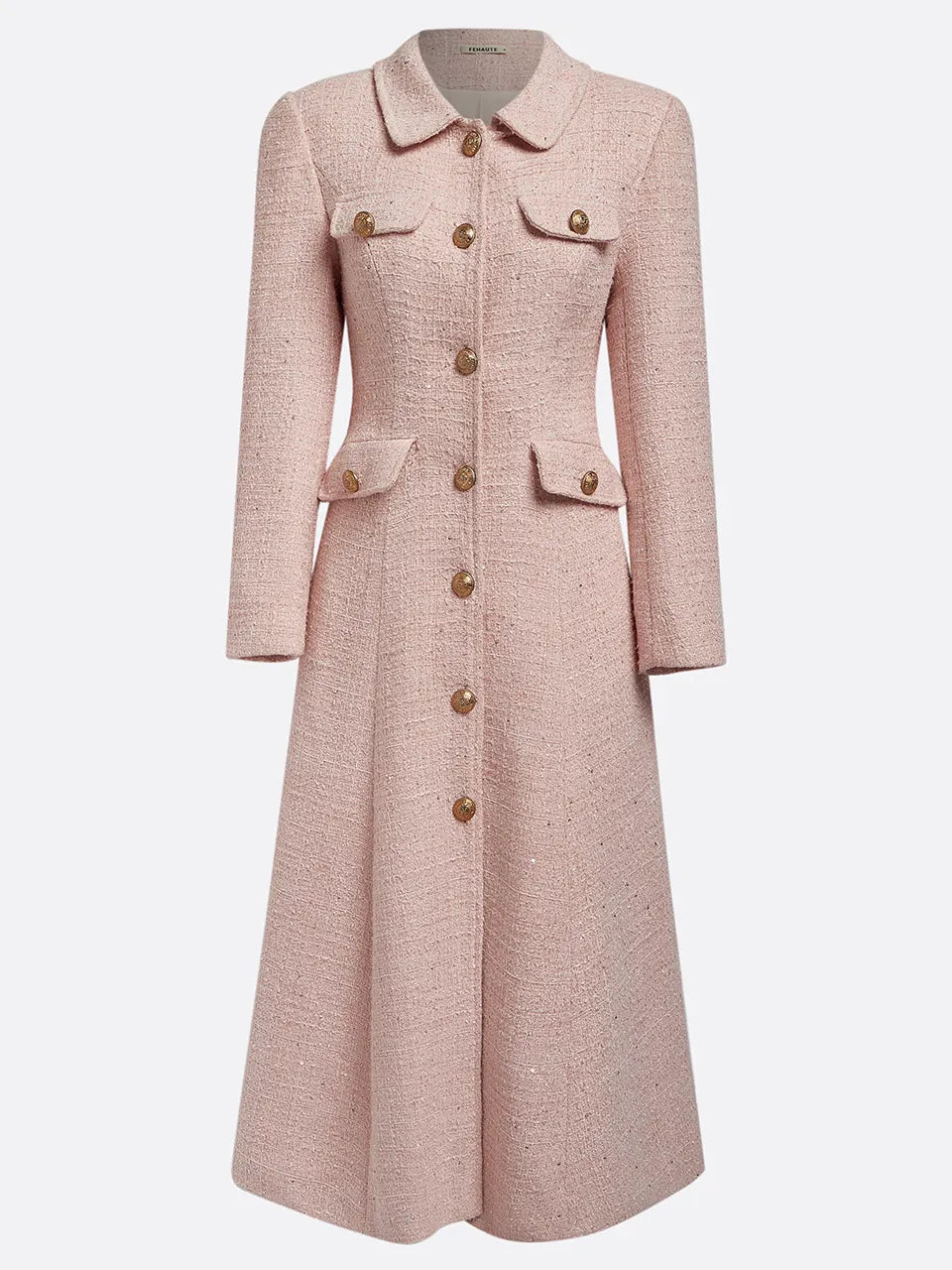 Pink Buckle Tweed Pointed Collar Long Sleeve A-Line Midi Dress