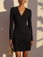 Red 3D Floral Classic V Neck Long Sleeve Sheath Mini Dress