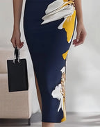 Navy Blue V-Neck Sleeveless Dress with Floral Print