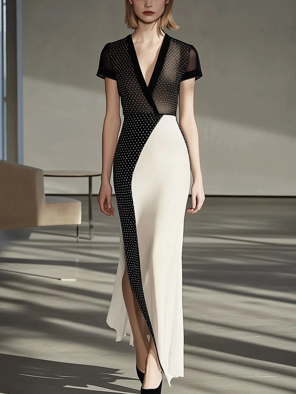 Elegant Black Polka Dot Mesh Sleeve Dress
