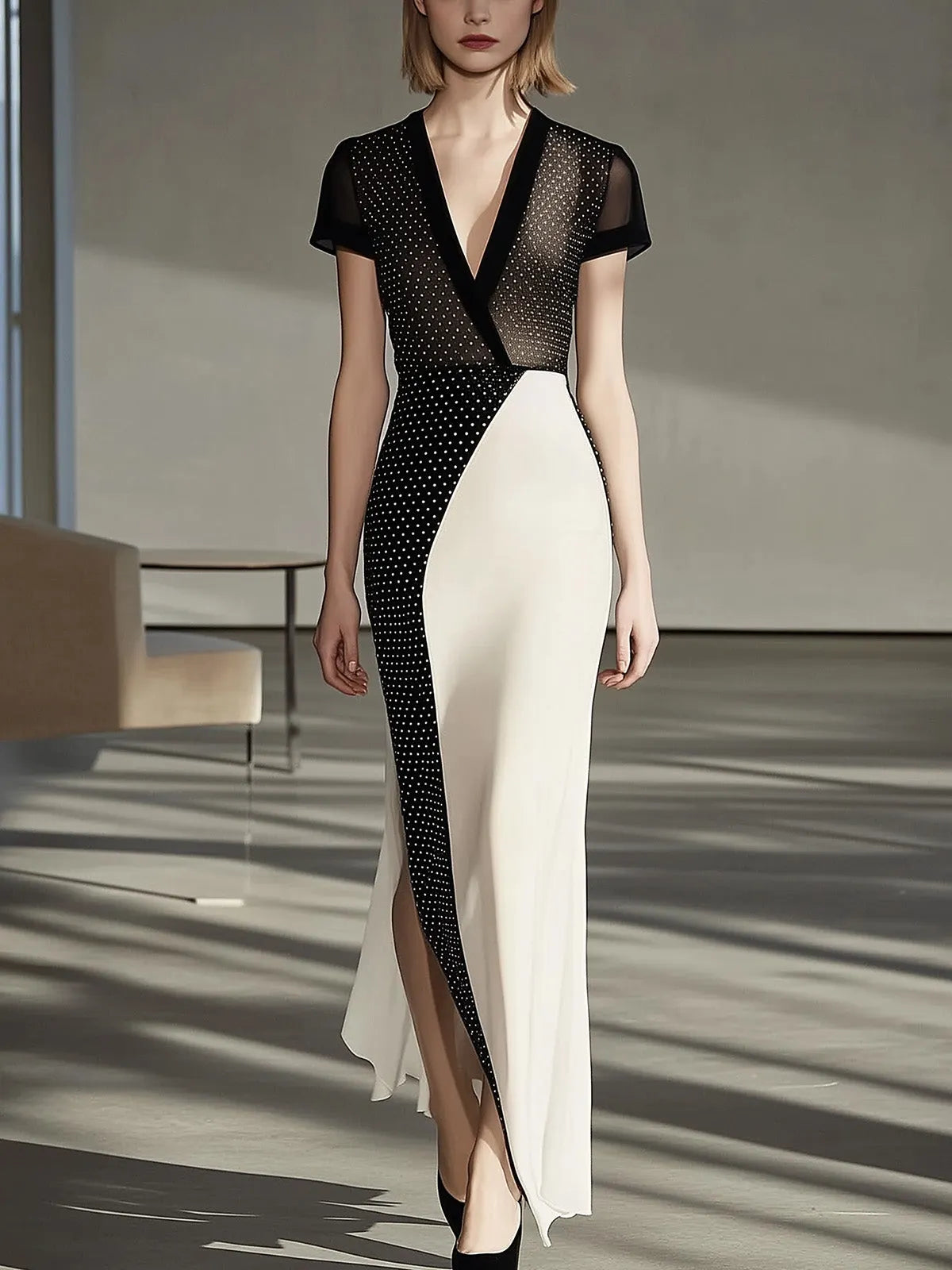 Elegant Black Polka Dot Mesh Sleeve Dress