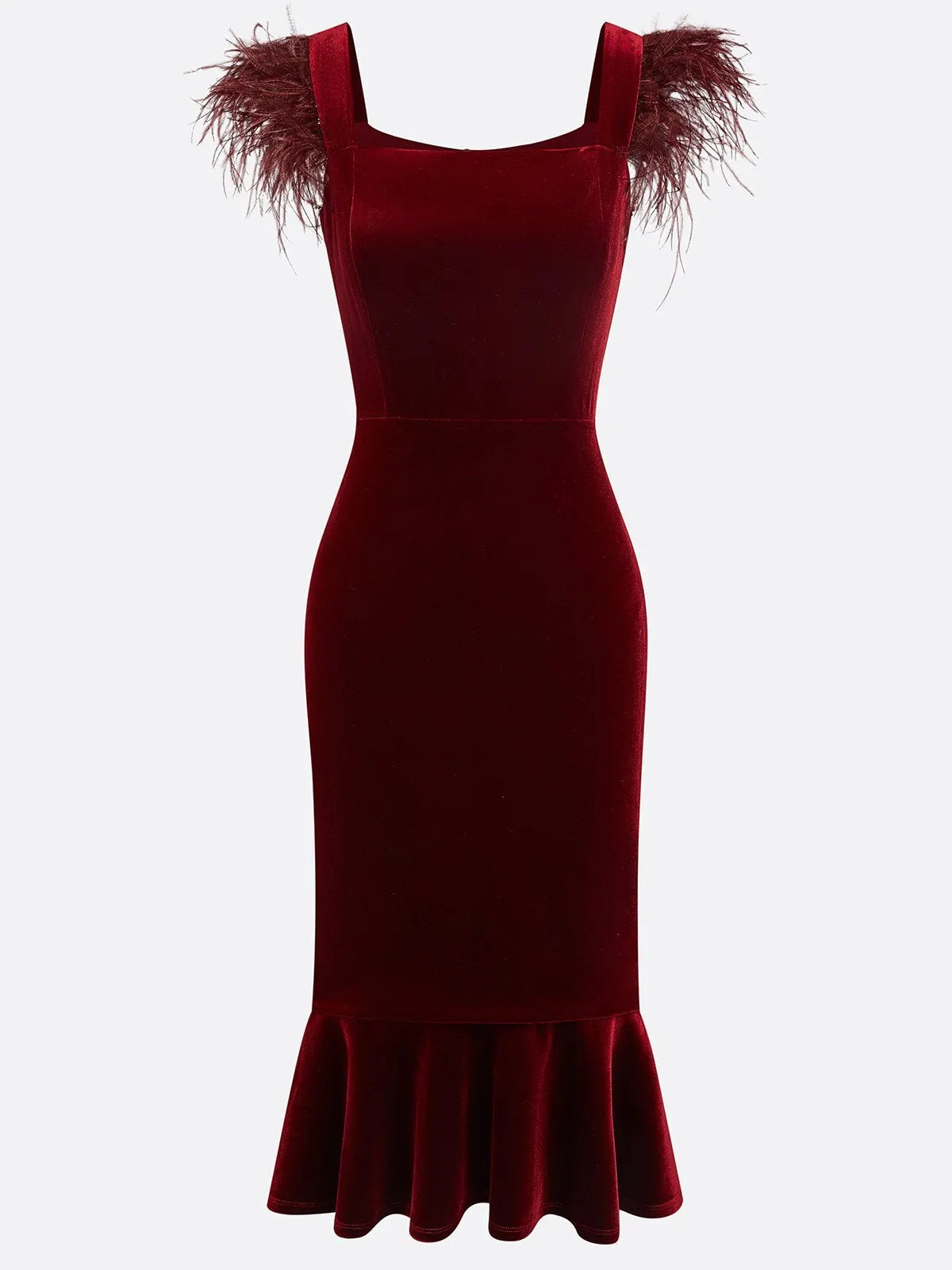 Wine Red Feather Velvet Square Neck Sleeveless Mermaid Midi Dress