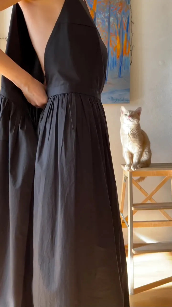 Square Neck Strap Midi Linen-Blend Dress