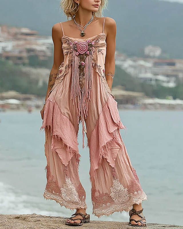 Summer Floral Embroidered Lace Patchwork Overalls fe9a