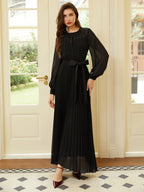 Black Pleated Mesh Chiffon Crew Neck Long Sleeve Balloon Sleeve A-Line Maxi Dress