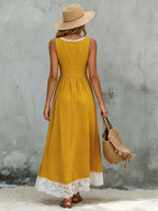 Color-blocked V-neck Lace-trimmed Cotton And Linen Sleeveless Maxi Dress