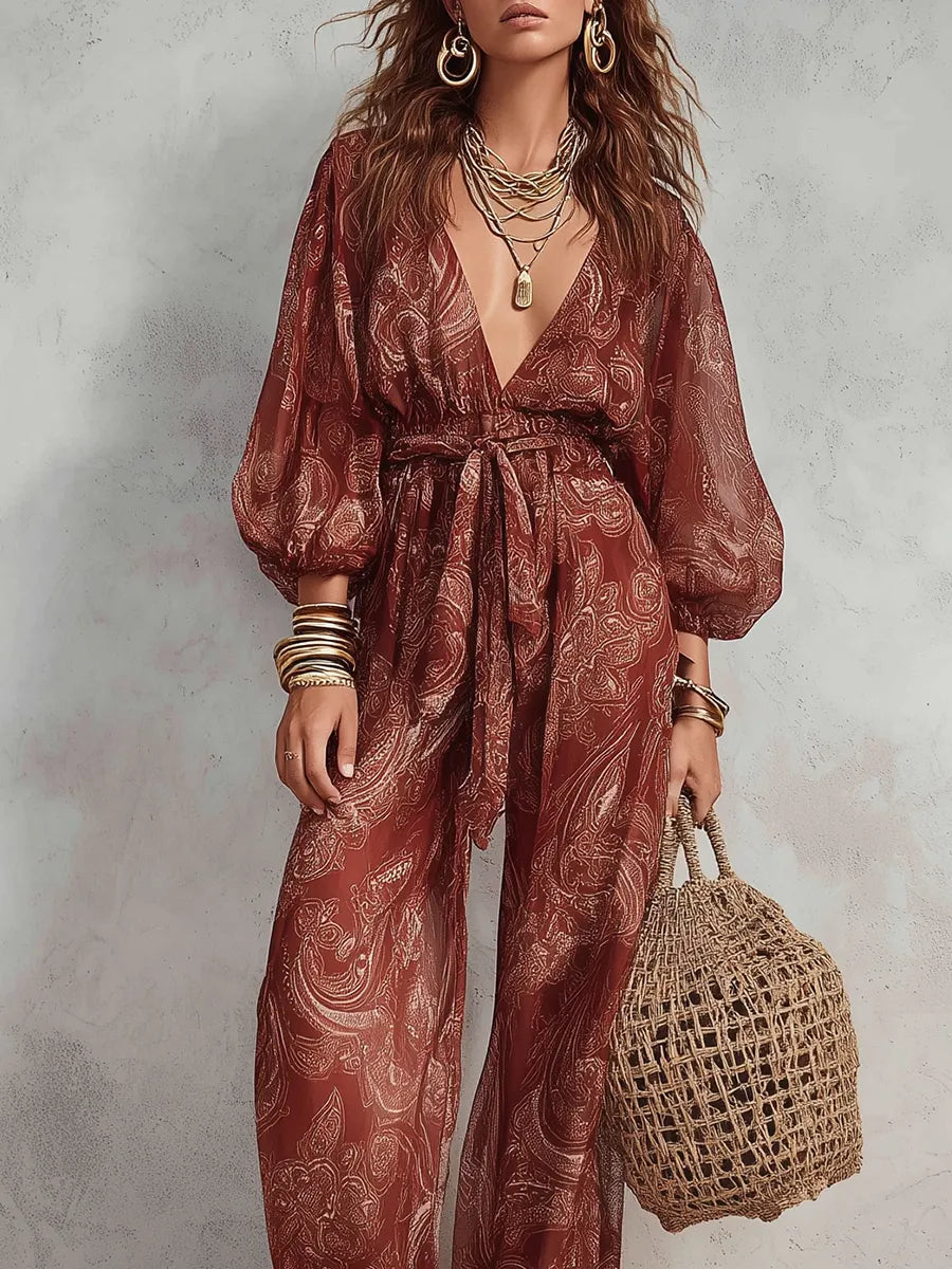 Brick Red Paisley Print Jumpsuit
