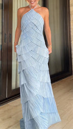 Light Blue Halter Pleated Tiered Maxi Dress
