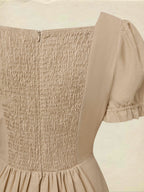 Maxi Cotton Dress, Short Sleeves, V Neck, Plain, Lace, French Vintage, Brown