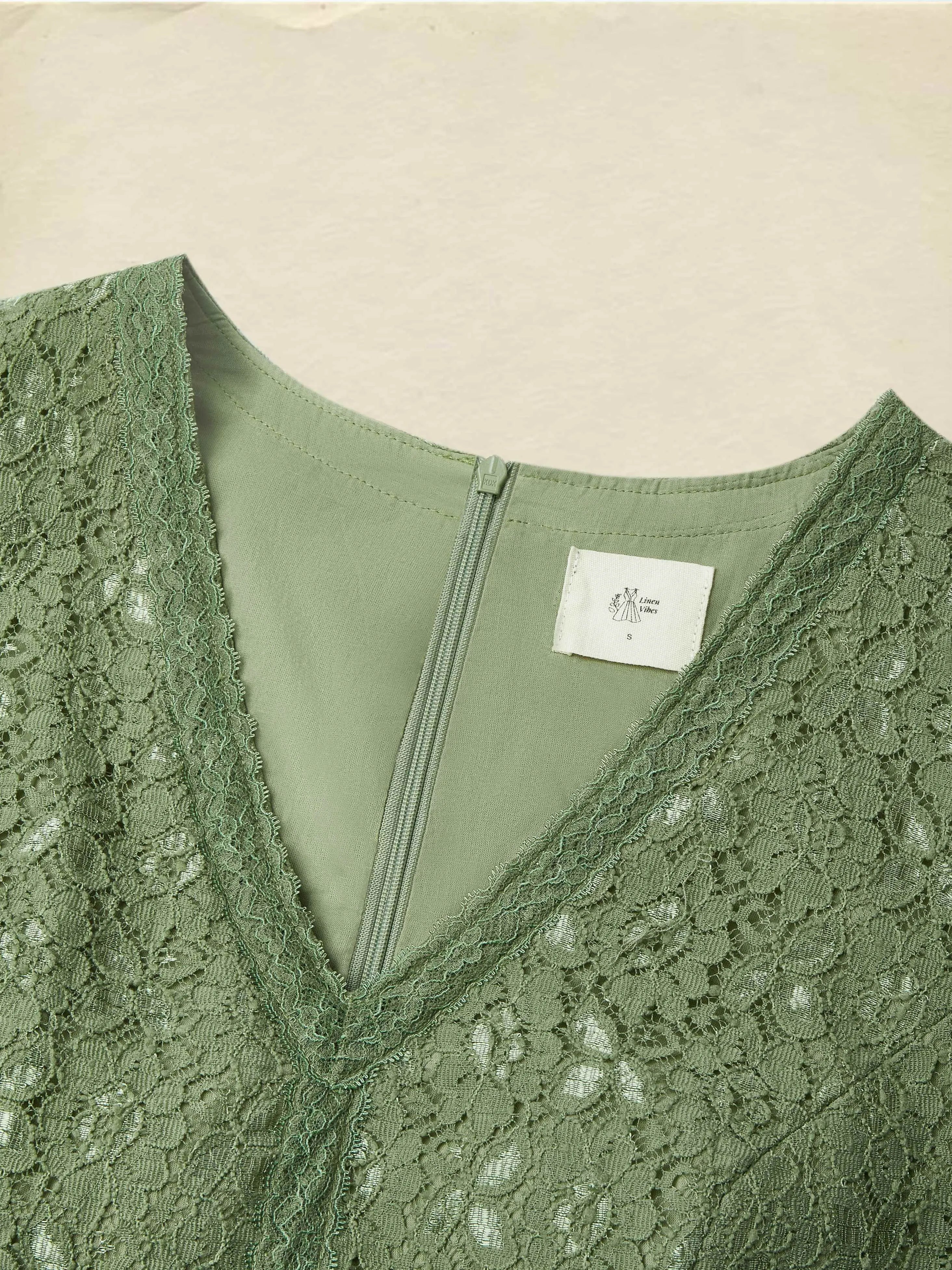 Midi Linen Dress , Half Sleeve, V Neck, Plain, Lace, Vintage, Army Green