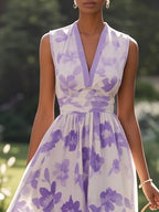 Lavender Purple Floral Chiffon V Neck Sleeveless A-Line Maxi Dress