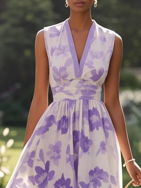 Lavender Purple Floral Chiffon V Neck Sleeveless A-Line Maxi Dress