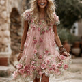 Women's Vintage Roses Lace Art  Flowy Linen Blend Casual Short Sleeve Mini Dress