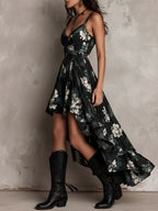 Boho Floral Print High-Low Ruffled Midi Dress