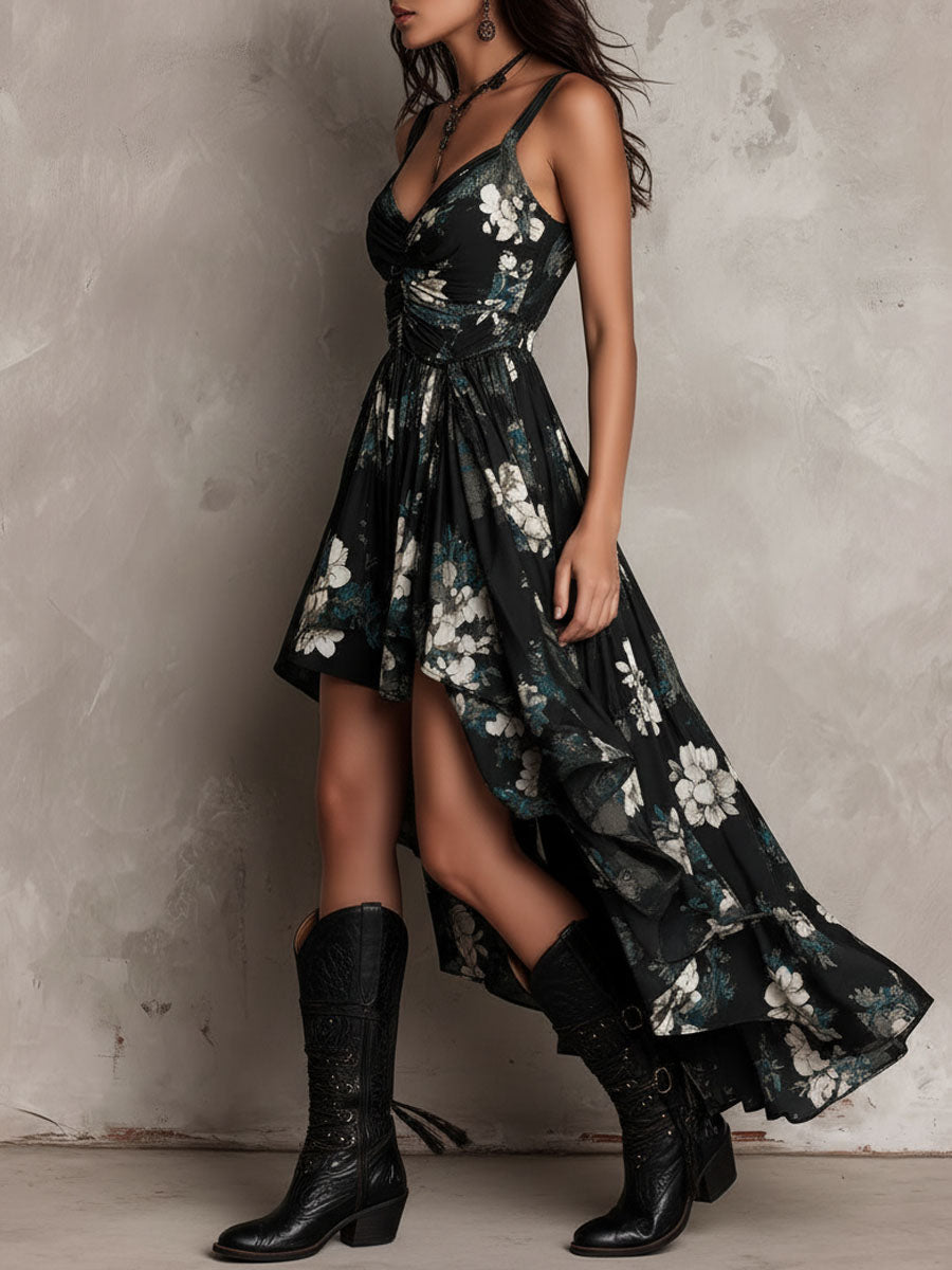 Boho Floral Print High-Low Ruffled Midi Dress